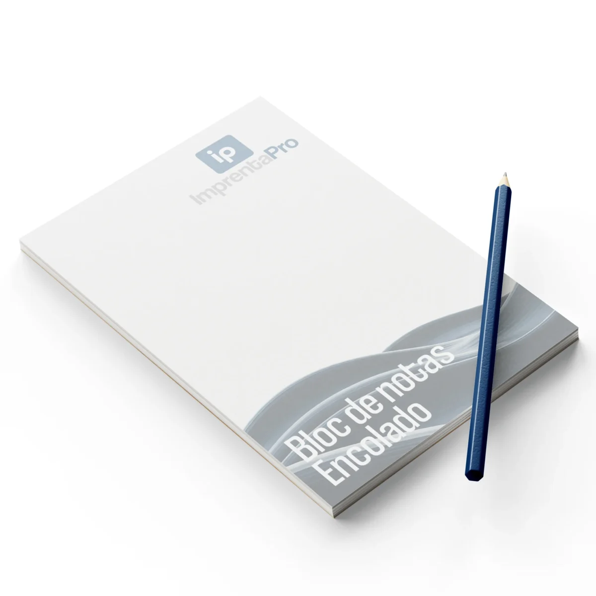 Bloc de notas con Logo de Empresa, mostrando un diseño minimalista con el logotipo de ImprentaPro en la esquina superior derecha. A la izquierda, un lápiz azul inclinado acompaña al bloc, que está parcialmente enrollado en la parte superior