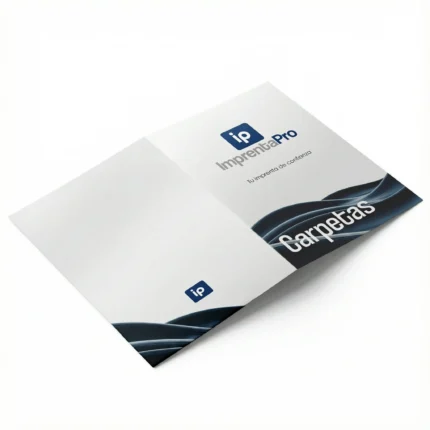 Carpetas personalizadas para empresas con el logotipo de imprentapro en grande en el centro. La carpeta está parcialmente abierta, mostrando un diseño interior con patrones repetidos del logotipo en tonos azules y blancos.