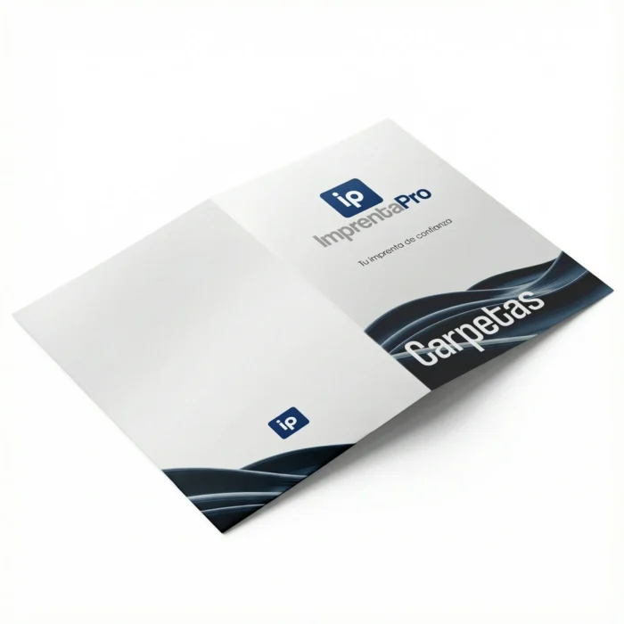 Carpetas personalizadas para empresas con el logotipo de imprentapro en grande en el centro. La carpeta está parcialmente abierta, mostrando un diseño interior con patrones repetidos del logotipo en tonos azules y blancos.