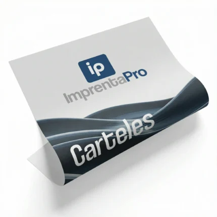 Carteles publicitarios personalizados con el logotipo de Imprenta Pro en grande en la parte superior central. En la parte inferior del cartel se aprecia un diseño triangular con un patrón repetido en tonos azules y blancos que utiliza el mismo logotipo.