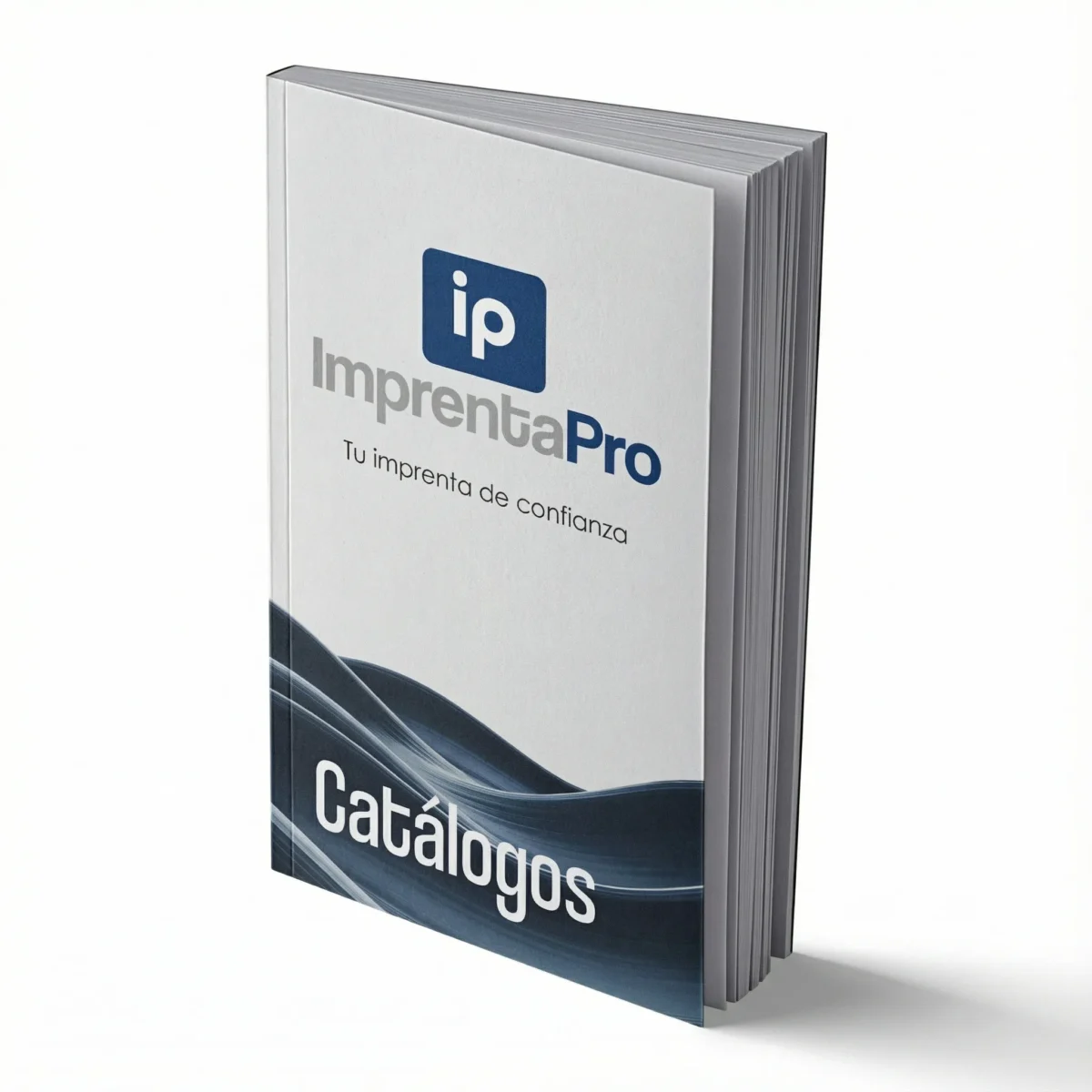 Catálogos personalizados para empresas impresos en formato vertical con tapa blanca, presentando el logotipo de imprenta pro en el centro y un diseño decorativo en la parte inferior. El catálogo tiene un acabado profesional, ideal para mostrar productos o servicios.