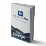 Catálogos personalizados para empresas impresos en formato vertical con tapa blanca, presentando el logotipo de imprenta pro en el centro y un diseño decorativo en la parte inferior. El catálogo tiene un acabado profesional, ideal para mostrar productos o servicios.