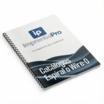 Manuales de productos personalizados con encuadernación en espiral, tapa blanca con el logotipo de imprenta pro y un diseño decorativo en tonos azules. Ideal para guías de productos, manuales de usuario y documentación corporativa.