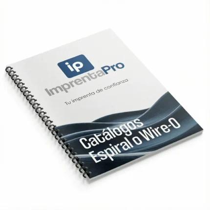 Manuales de productos personalizados con encuadernación en espiral, tapa blanca con el logotipo de imprenta pro y un diseño decorativo en tonos azules. Ideal para guías de productos, manuales de usuario y documentación corporativa.