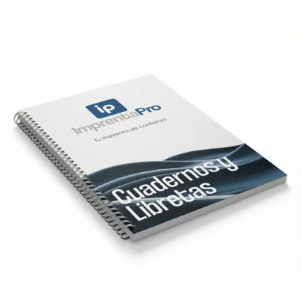 Cuadernos personalizados para empresas con encuadernación en espiral, tapa blanca con el logotipo de imprenta pro en el centro y un diseño decorativo en la parte inferior. Ideal para tomar notas o uso escolar y profesional.