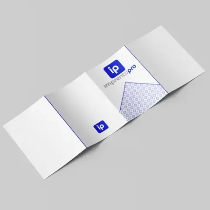 Cuadrípticos publicitarios para empresas en formato horizontal, con diseño de cuatro paneles. La portada central muestra el logotipo de Imprenta pro y un patrón decorativo en tonos azules. Ideal para folletos informativos o material promocional.