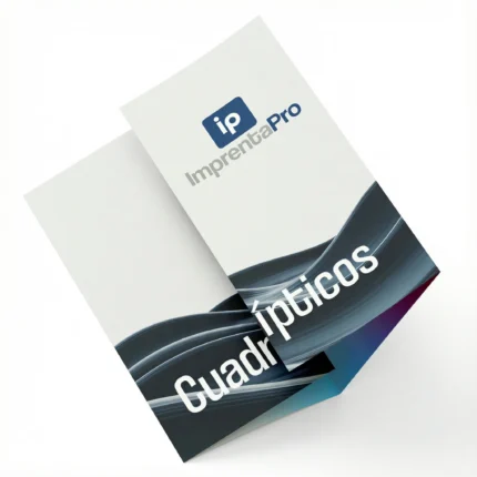 Cuadrípticos publicitarios para empresas en formato horizontal, con diseño de cuatro paneles. La portada central muestra el logotipo de Imprenta pro y un patrón decorativo en tonos azules. Ideal para folletos informativos o material promocional.