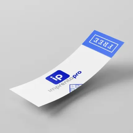 Entradas personalizadas para eventos impresas con diseño minimalista en fondo blanco, mostrando el logotipo de imprentapro en el centro y un área azul en la parte superior con la palabra 'FREE'. Ideal para eventos y promociones.