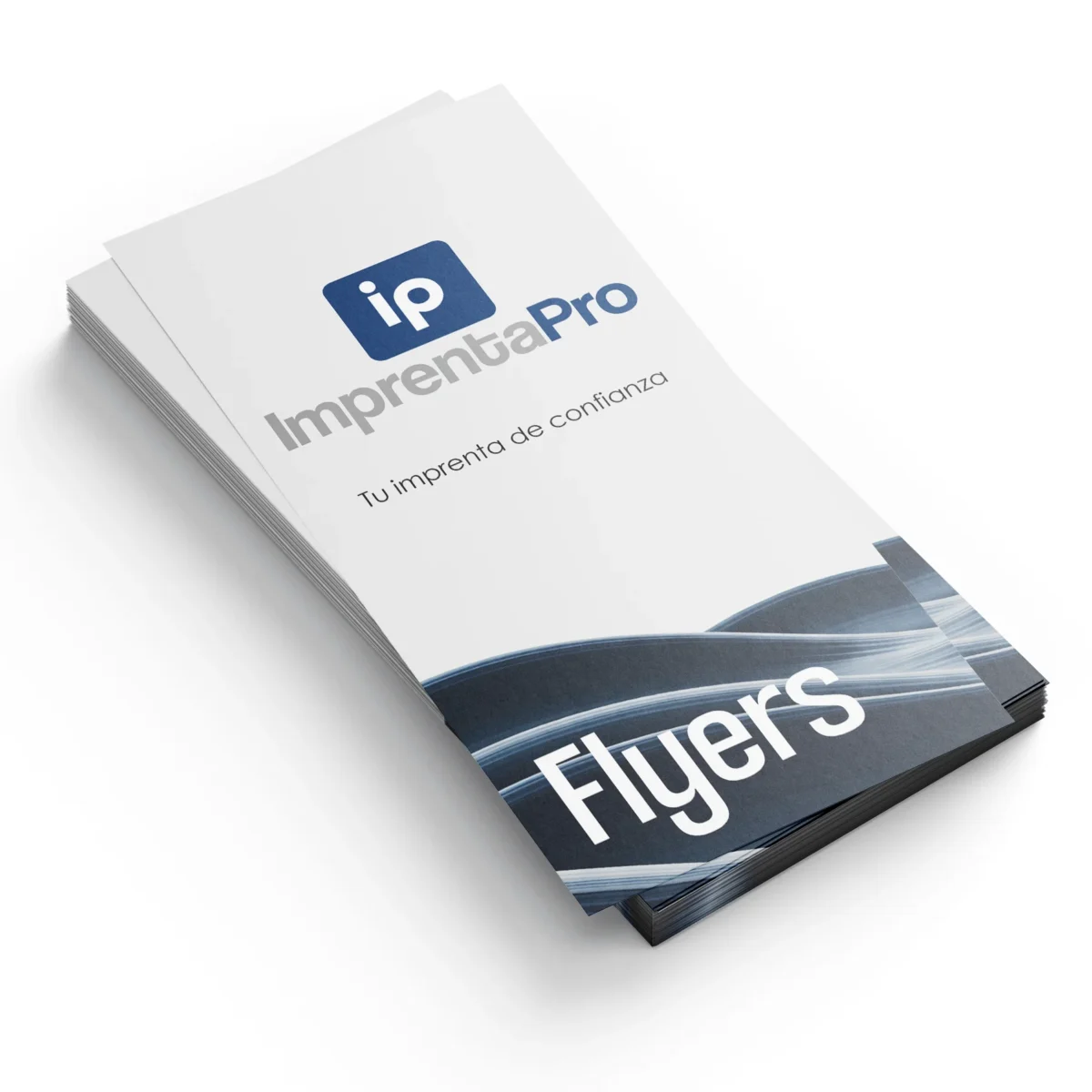 Flyers publicitarios personalizados con diseño en blanco y azul, mostrando el logotipo de imprenta pro en la parte superior y un patrón decorativo en la parte inferior. Ideal para promociones y campañas de marketing.