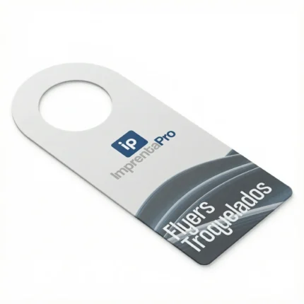 Flyer publicitario con corte troquelado personalizado, mostrando un diseño único en blanco y azul con el logotipo de imprenta pro. El corte troquelado permite formas a medida para promociones y eventos especiales.