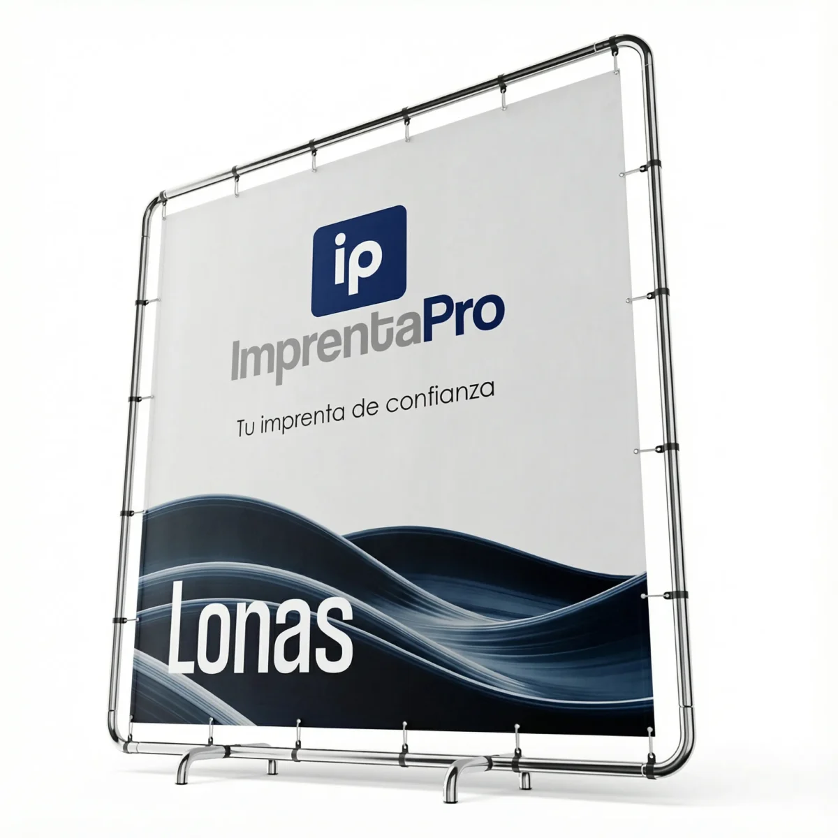 Lona impresa a medida para publicidad, mostrando el logotipo de imprenta pro en el centro. La lona está montada en una estructura metálica con soportes, ideal para eventos, ferias y publicidad exterior.