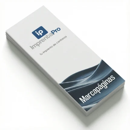 Marcapáginas personalizados con diseño propio en blanco y azul, presentando el logotipo de imprentapro en la parte superior y un patrón decorativo en la parte inferior. Ideales para promociones, regalos o uso personal en libros.