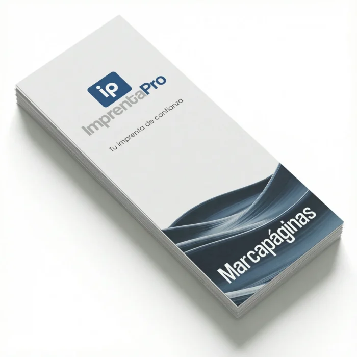 Marcapáginas personalizados con diseño propio en blanco y azul, presentando el logotipo de imprentapro en la parte superior y un patrón decorativo en la parte inferior. Ideales para promociones, regalos o uso personal en libros.