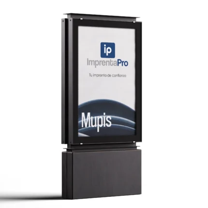 Mupis para campañas de publicidad con diseño personalizado de imprenta pro, mostrando una estructura resistente y elegante, ideal para campañas de publicidad en exteriores y puntos de venta.