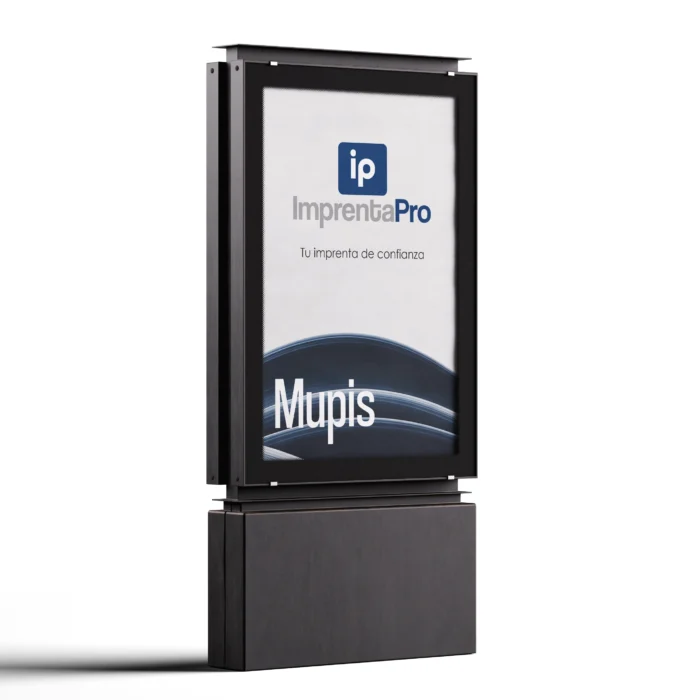 Mupis para campañas de publicidad con diseño personalizado de imprenta pro, mostrando una estructura resistente y elegante, ideal para campañas de publicidad en exteriores y puntos de venta.