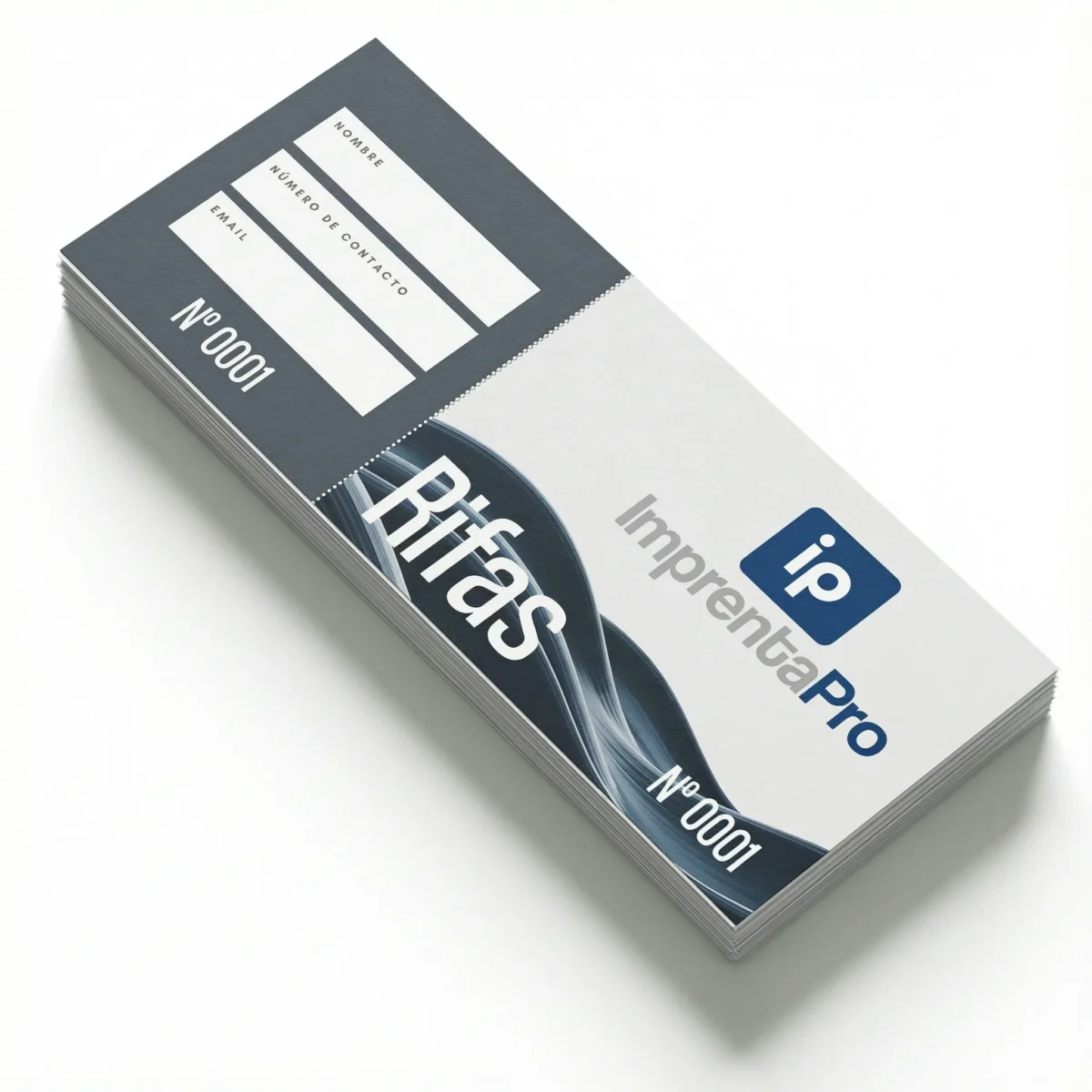 Papeletas de rifas para eventos y sorteos con diseño en blanco y azul, presentando el logotipo de imprenta pro. Ideales para eventos y sorteos, ofreciendo una presentación profesional y organizada.