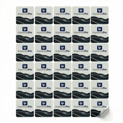 Hojas de etiquetas adhesivas personalizadas con diseño en blanco y azul, cada etiqueta presenta el logotipo de imprentapro. Ideal para etiquetado de productos, material promocional o uso personal.