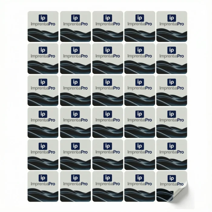 Hojas de etiquetas adhesivas personalizadas con diseño en blanco y azul, cada etiqueta presenta el logotipo de imprentapro. Ideal para etiquetado de productos, material promocional o uso personal.