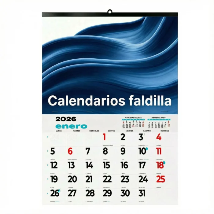 Imagen de calendarios de pared con faldilla personalizados, impresos por Imprenta PRO.