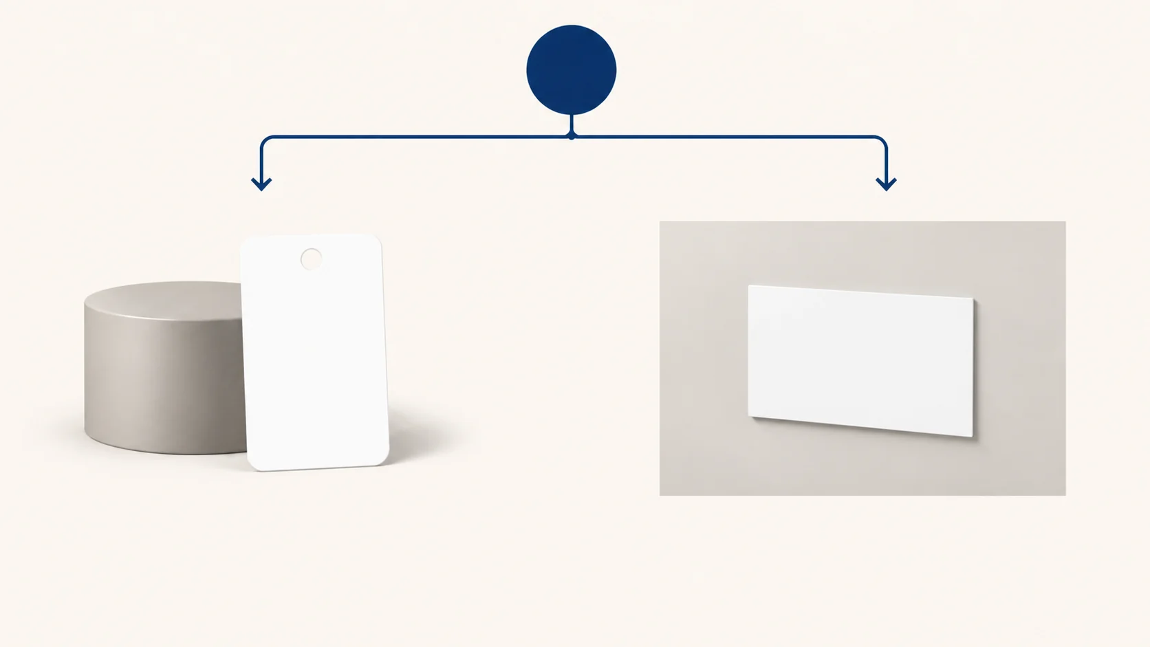 Árbol visual que separa una etiqueta como pieza independiente de una etiqueta aplicada a una superficie.