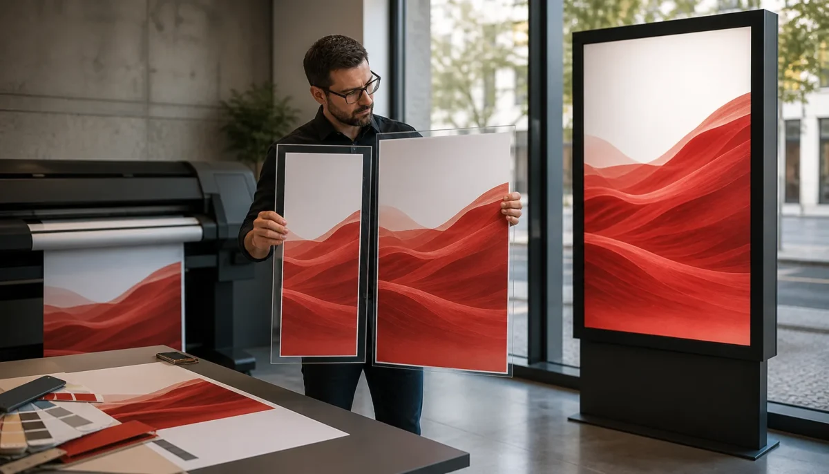 Profesional de impresión comparando dos formatos verticales antes de producir un cartel MUPI