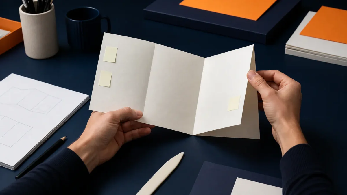 Persona sosteniendo una maqueta de cuadríptico parcialmente plegada sobre una mesa de diseño azul.
