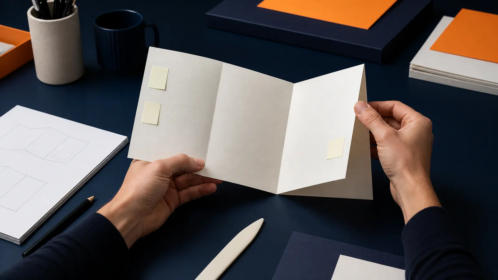 Persona sosteniendo una maqueta de cuadríptico parcialmente plegada sobre una mesa de diseño azul.