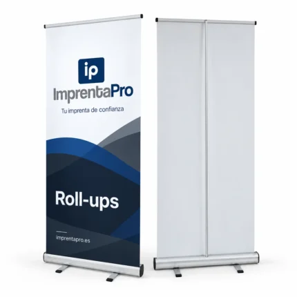 Roll up con gráfica de ImprentaPro, vista frontal impresa y vista trasera de la estructura
