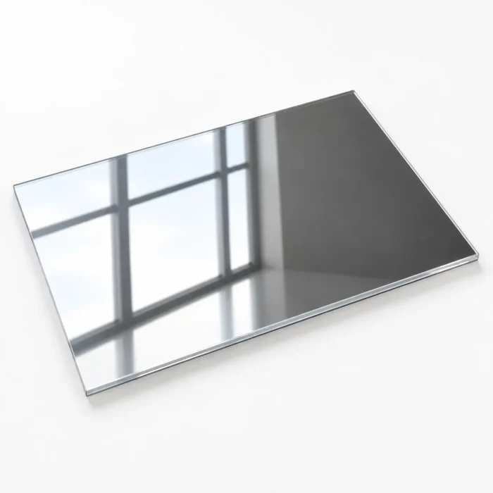 Placa rectangular de metacrilato espejo plata con reflejo de una ventana.