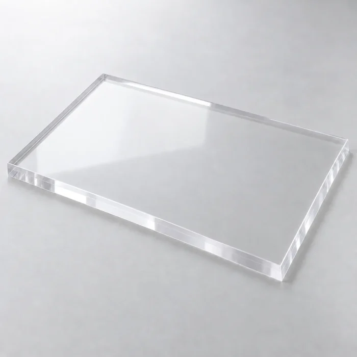 Placa rectangular de metacrilato transparente de 10 mm vista en perspectiva sobre un fondo claro.
