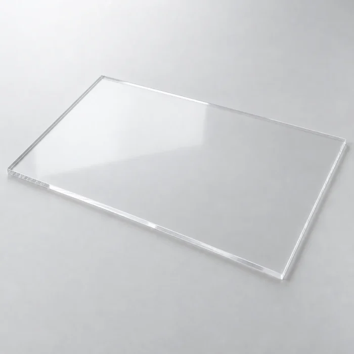 Placa rectangular de metacrilato transparente de 4 mm vista en perspectiva sobre un fondo claro.