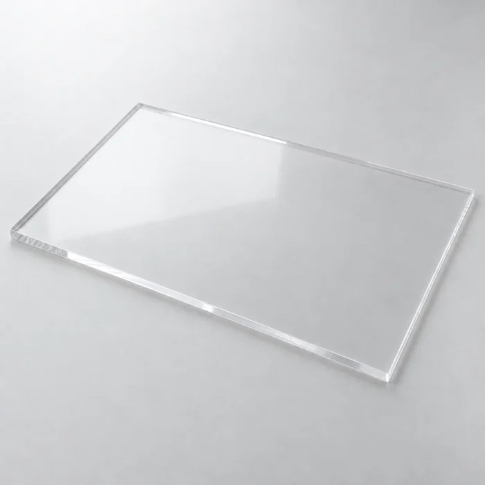 Placa rectangular de metacrilato transparente de 5 mm vista en perspectiva sobre un fondo claro.