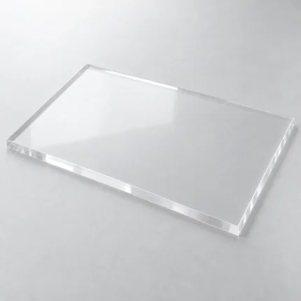 Placa rectangular de metacrilato transparente de 8 mm vista en perspectiva sobre un fondo claro.