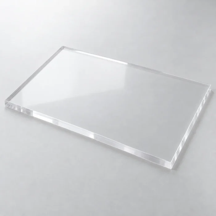 Placa rectangular de metacrilato transparente de 8 mm vista en perspectiva sobre un fondo claro.