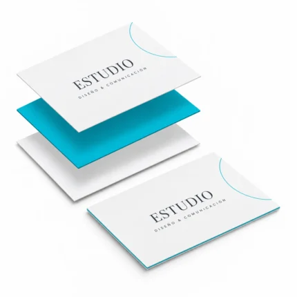 Tres capas separadas, con núcleo azul, junto a una tarjeta tricapa blanca terminada.